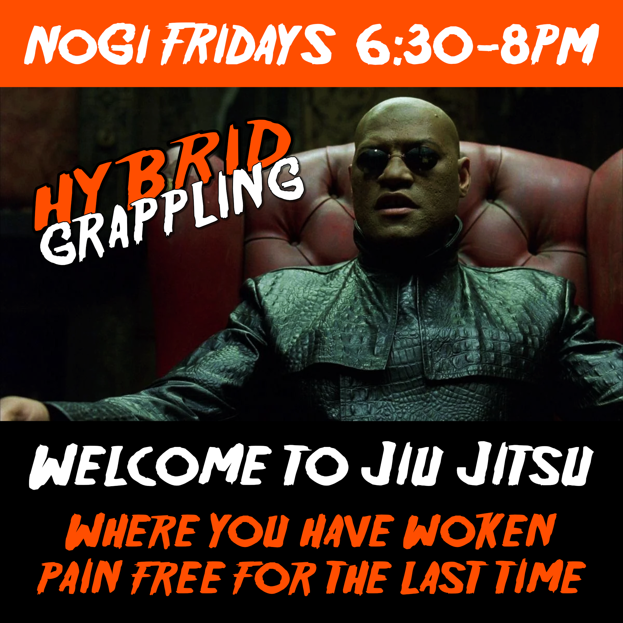 Nogi Fridays 6:30-8pm at Hybrid Grappling in Scarborough. Welcome to Jiu Jitsu where you have woken pain free for the last time, matrix meme.